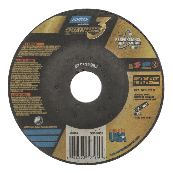 4-1/2 X 1/4 X 7/8 IN. QUANTUM3 GRINDING WHEEL T27