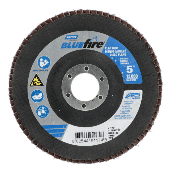 5 X 7/8 IN. BLUEFIRE FIBERGLASS CONICAL FLAP DISC 36 GRIT